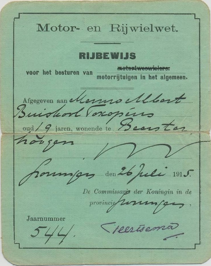 Rijbewijs van Menno Albnert Buiskool Toxopeus te Beersterhoogen.